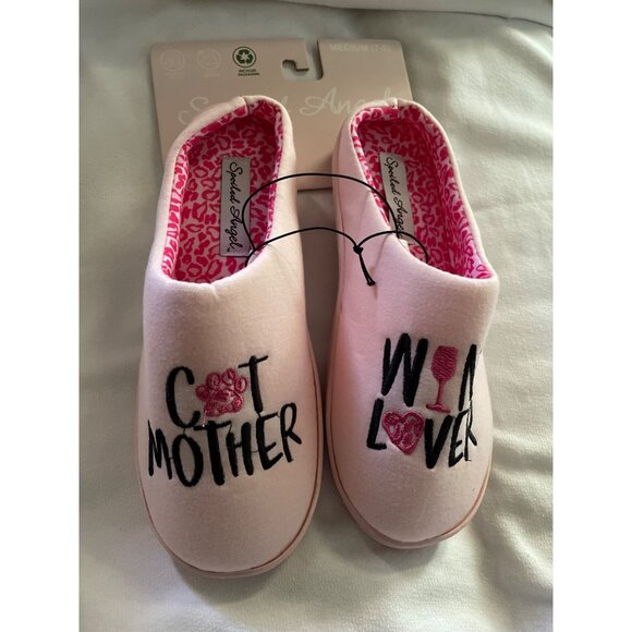 Cat Mother & Wine Lover Ladies Slippers Medium (7-8) By Spoiled Angel Pink With - Picture 1 of 6